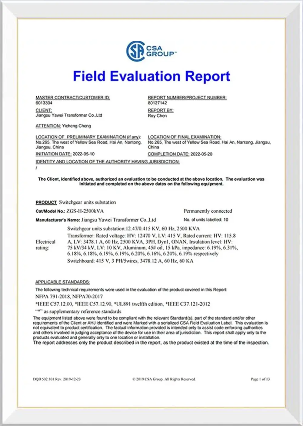 Yawei CSA Certified