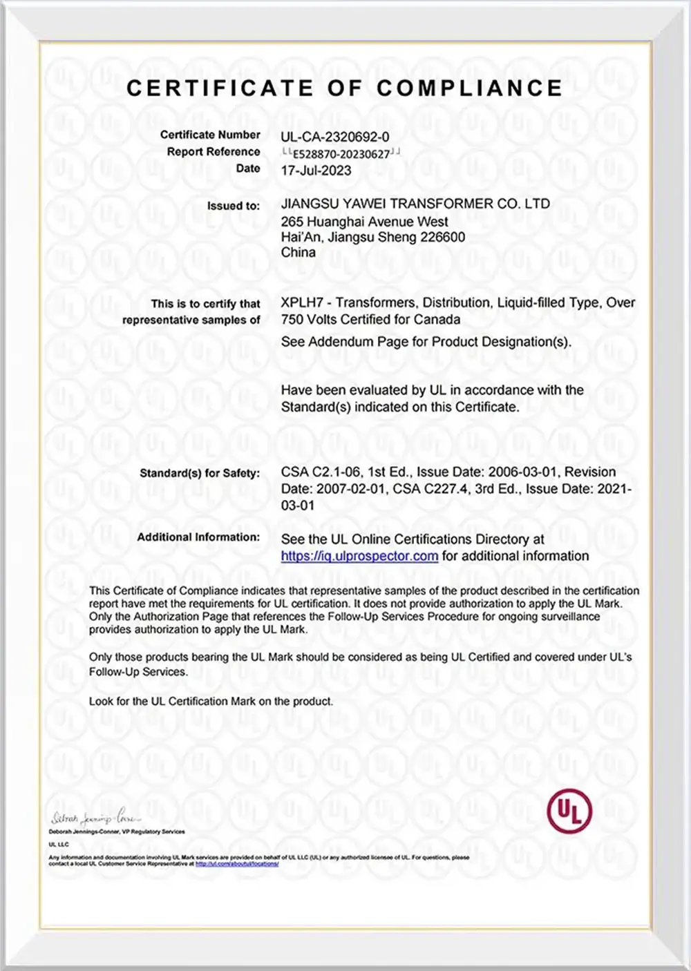 UL Certificate of Compliance